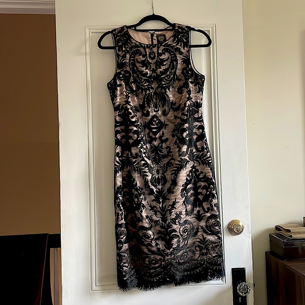Vince camuto sheath dress, size 6, embroidered black lace and tan satin underlay